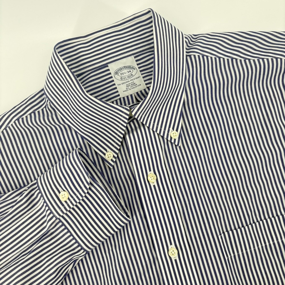 Brooks Brothers Slim Fit Non-Iron Striped Polo Shirt Mens 15.5 34 Blue White